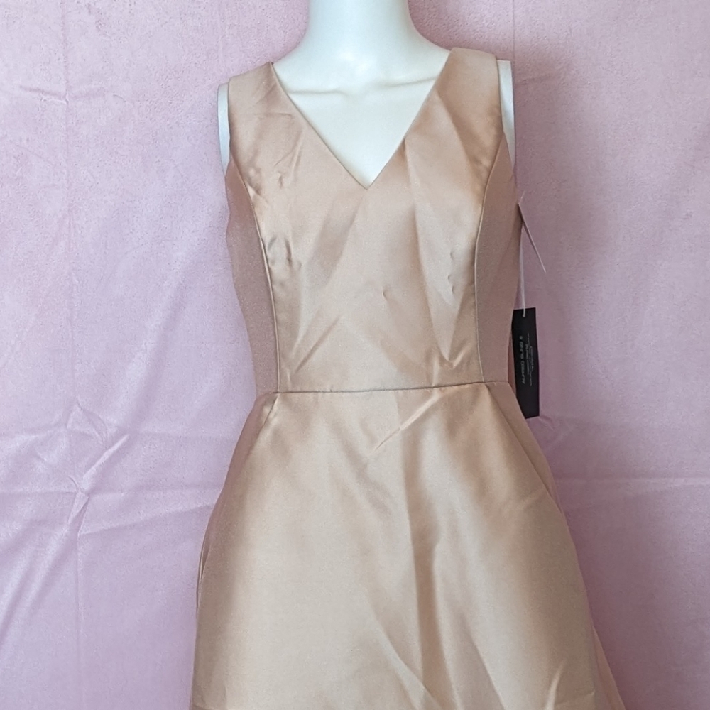 Alfred Sung Sateen Twill Sleeveless Bridesmaid Dress with Pockets Toasted Sugar - Picture 2 of 11